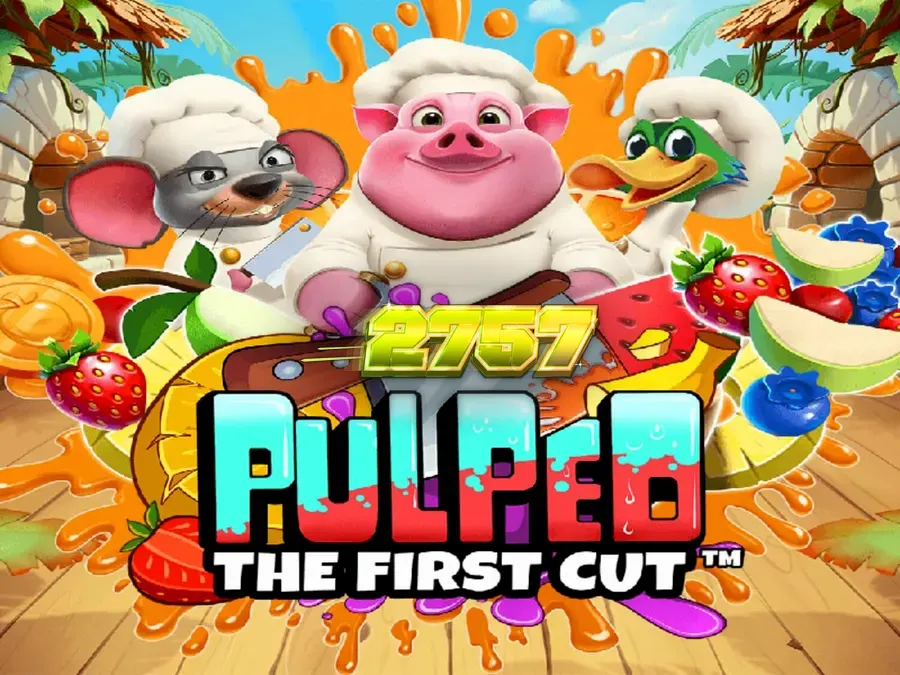 Tampilan visual slot Pulped: The First Cut dengan koki hewan dan buah-buahan tropis